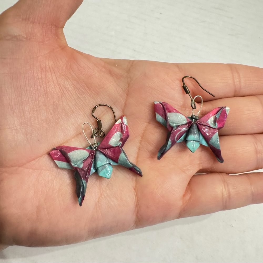 Washi Origami Paper Pink Butterfly Dangle Earrings Sterling Silver Wires Jewelry